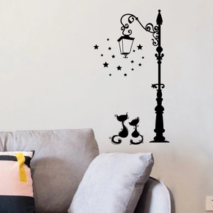Stickers muraux avec lampadaire et silhouettes de chats noirs pour décoration de salon
