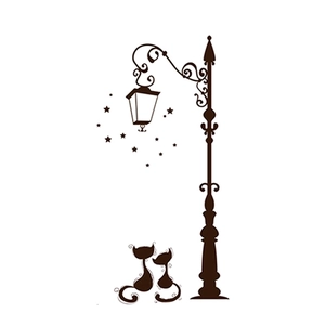 Sticker mural silhouette de réverbère rétro avec deux chats et petites étoiles décoratives