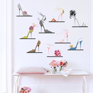Self-adhesive wall stickers featuring nine stylish high heel shoes for home decor