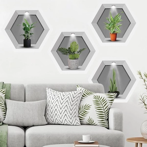3D hexagon wall stickers featuring potted green plants for modern living room decor