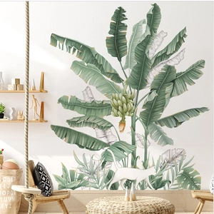 Banana tree wall stickers with green leaves and a white cat for living room decor