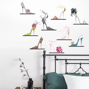 Creative high heel wall stickers set with leopard and floral patterns on bedroom wall