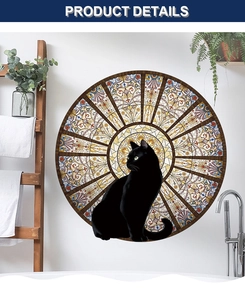 Detail view of round black cat wall sticker with colorful glass pattern in bathroom