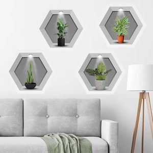 Self-adhesive 3D plant wall stickers in hexagonal frames for living room decor
