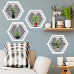 3D creative green potted plant wall stickers in hexagonal frames for living room decor