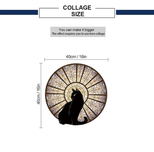 Detailed dimension layout showing a 40cm circular black cat wall sticker with floral patterns