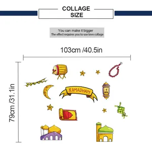 Detailed size chart showing Ramadan wall decal dimensions 103x79cm with mosque elements