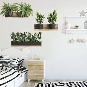 Creative green plant wall stickers with wooden shelf design for home living room decor