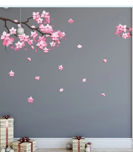 Romantic cherry blossom wall stickers with branches and pink petals on dark wall
