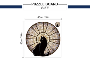 Detailed size chart showing the 40cm circular black cat wall sticker puzzle board