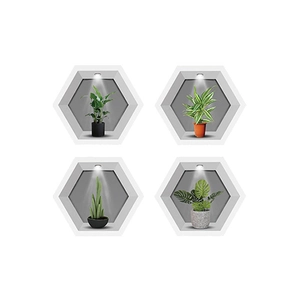 Modern white hexagonal wall shelves with LED lights and artificial green potted plants