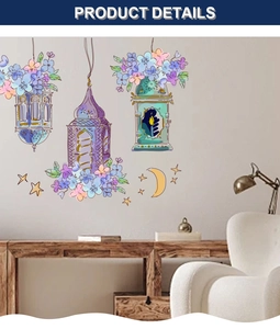 Detail showing cartoon lantern wall stickers with colorful flower clusters and stars