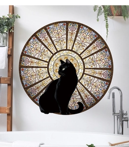 Artistic round wall sticker featuring a black cat and colorful stained glass mandala pattern