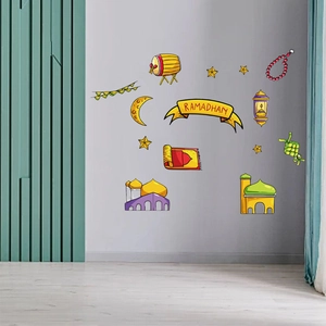 Cartoon Ramadan wall sticker set featuring yellow banner, mosques, and stars for home decor