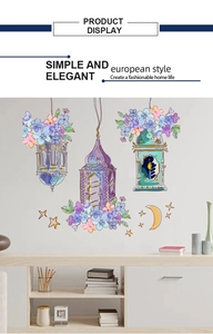 Watercolor floral lanterns with moon and stars wall decals in a minimalist room