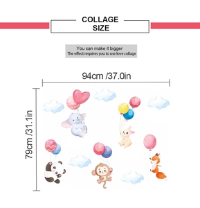 Detailed collage dimensions of watercolor cartoon animal wall stickers for kids' rooms