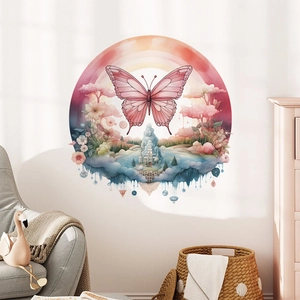 Detail of pink butterfly and magical castle wall decal in cozy living room interior