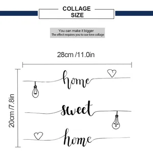 Tableau des tailles du sticker mural Home Sweet Home indiquant les dimensions 28x20cm