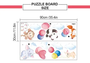 Detailed size chart for cartoon animal wall decals showing 90x30cm layout dimensions