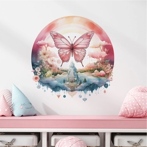 Macro detail of round wall sticker with watercolor pink butterfly and castle