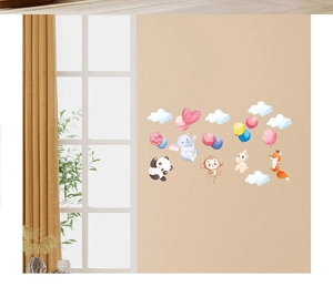 Detail showing cute cartoon animals with colorful heart balloons on a kids' wall sticker