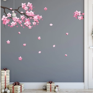 Self-adhesive cherry blossom wall decals with pink flowers for romantic room decoration