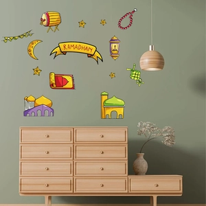 Ramadan Kareem cartoon wall stickers set with mosques and lanterns for home decor