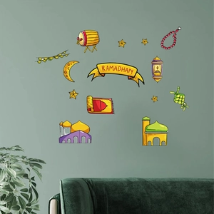 Cartoon Ramadan wall stickers set with colorful mosque, moon and lanterns for home decor