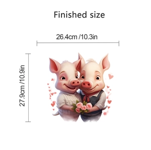 Detailed view of cartoon pig couple wall sticker with precise finished size measurements