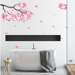 Pink cherry blossom wall decals with petals for elegant bathroom interior decoration