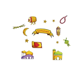 Cartoon Ramadan Kareem wall stickers with mosque, crescent moon and colorful festive elements