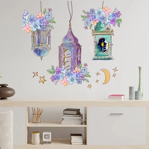Cartoon castle flowers and lanterns wall decals with moon and stars for home decor