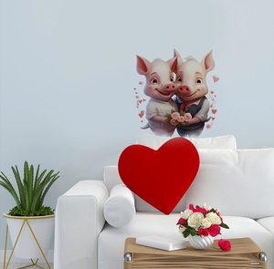 Detail of cute cartoon wedding pig wall stickers with pink roses and red hearts
