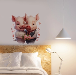 Detail of cartoon wedding pig wall stickers with pink roses on a bedroom headboard