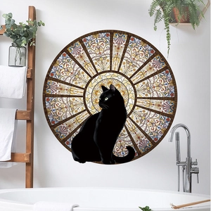 Black cat wall sticker with colorful mandala pattern in a modern bathroom decor setting