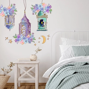 Cartoon castle lanterns and flower wall stickers for cozy home bedroom wall decor