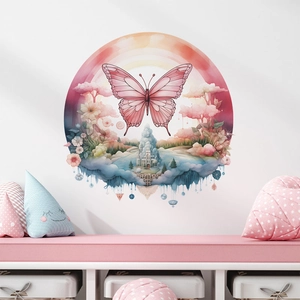 Colorful butterfly and castle wall decal for kids room with pink cherry blossoms and rainbow