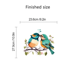 Close-up of bird on tree branch wall decal with dimensions shown in centimeters and inches