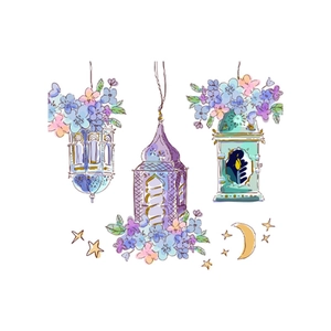Cartoon castle and flower chandelier wall sticker with crescent moon and gold stars decoration