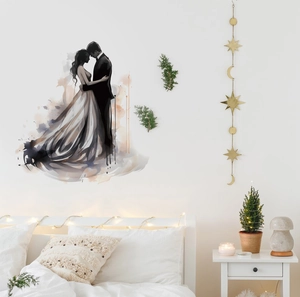 Detail of watercolor wedding couple silhouette wall sticker in a modern bedroom setting