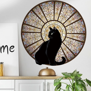 Self-adhesive round wall sticker with black cat silhouette in stained glass art style