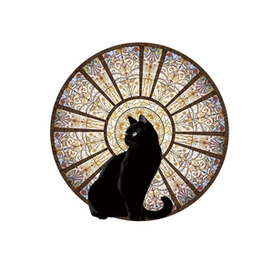 Round stained glass style wall sticker with black cat silhouette and colorful patterns