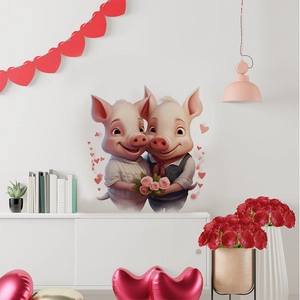 Cartoon Pig Couple Wall Sticker With Hearts And Roses Romantic PVC Self Adhesive Decal For Wedding Room Bedroom Home Decor