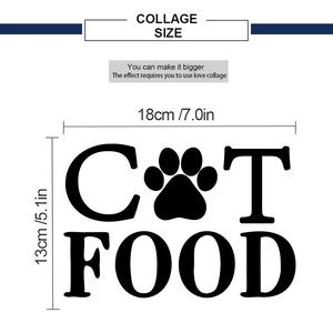 Detailed dimensions of the black cat food wall sticker featuring a paw print design