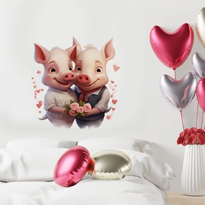 Romantic cartoon pig wall stickers with hearts and flowers for wedding bedroom decoration