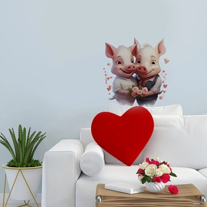 Romantic cartoon pig couple wall stickers for bedroom with 3D effect and heart decor