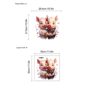 Cartoon wedding pig wall sticker for bedroom decor with hearts and roses layout