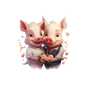 Cartoon wedding pig wall stickers featuring a cute couple with flowers and red hearts