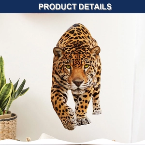 Detailed 3D leopard wall sticker with golden eyes and realistic fur texture on white wall
