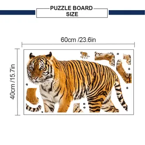Detailed sizing chart showing the 60x40cm dimensions of the tiger wall mural puzzle board
